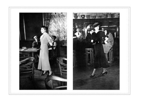 Zwei Schwarzweißfotos aus den 1930er Jahren. Links: Eine Frau in einem langen Kleid geht in ein Café mit Stühlen. Rechts: Eine Frau in einem dunklen Kleid steht an einer Bar mit Menschen und Regalen voller Gläser im Hintergrund.