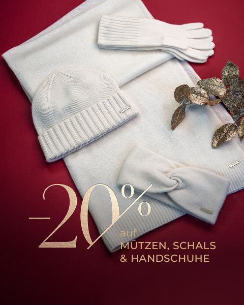 Cremefarbene Mütze, Handschuhe, Schal und Stirnband auf einem roten Hintergrund mit Text: "-20% auf Mützen, Schals & Handschuhe.".