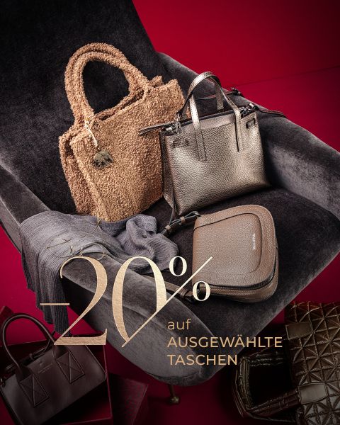 Vier stilvolle Handtaschen in verschiedenen Texturen und Farben auf einem dunklen Stuhl, mit Text: "-20% auf ausgewählte Taschen" auf rotem Hintergrund.
