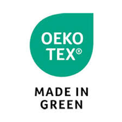 Grünes Öko-Tex Label mit dem Schriftzug MADE IN GREEN" darunter, das die Zertifizierung für umweltfreundliche Textilien anzeigt.