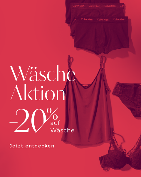 Rote Werbung mit Calvin Klein-Dessous, darunter stilvoll arrangierte BHs, Höschen und ein Leibchen. Der Text lautet „Wäsche Aktion -20 % auf Wäsche“ mit „Jetzt entdecken“ in kleinerer Schriftart und wirbt für 20 % Rabatt auf Unterwäsche.