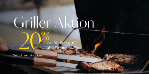 Nahaufnahme von gegrilltem Fleisch, das auf einem Grill zubereitet wird. Eine Hand hält eine Zange über den Grill. Der Text auf Deutsch lautet „Griller Aktion -20 % zusätzlich auf alle Griller. Jetzt entdecken“, was auf eine Rabattaktion von 20 % auf Grills hinweist.