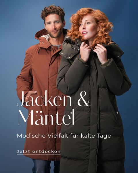 Ein Mann und eine Frau in Wintermänteln posieren vor einem blauen Hintergrund. Der Mann trägt einen braunen Mantel und die Frau einen grünen Mantel. Der deutsche Text auf dem Bild macht Werbung für Jacken und Mäntel für kalte Tage.