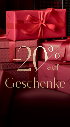 Ein Stapel elegant verpackter roter Geschenkboxen, obenauf mit einer großen Schleife. Auf dem goldenen Textüberzug steht „-20 % auf Geschenke“, was auf einen Rabatt von 20 % auf Geschenke hinweist. Der Hintergrund ist dunkel und betont die festlichen Pakete.