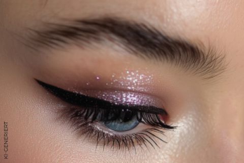 Nahaufnahme eines geschlossenen Auges mit schimmerndem rosa Lidschatten, kräftigem schwarzem Wing-Eyeliner, langen Wimpern und gepflegter Augenbraue. Die Haut wirkt glatt und strahlend.