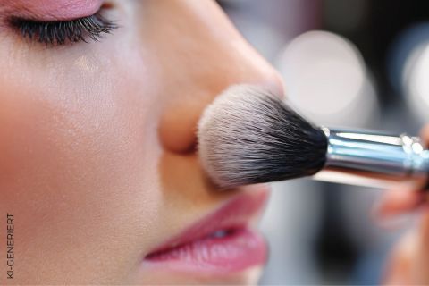 Eine Nahaufnahme des Gesichts einer Person zeigt ein Auge mit rosafarbenem Lidschatten, lange Wimpern und einen Schminkpinsel, mit dem Puder auf die Seite der Nase aufgetragen wird. Das Bild hebt glatte Haut und detailliertes Make-up hervor.