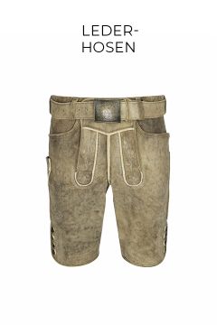 Ein Paar traditionelle Lederhosen aus beigem Leder mit Hosenträgern, aufwendiger Stickerei und seitlichen Knöpfen. Über dem Bild wird der Text „LEDERHOSEN“ angezeigt.