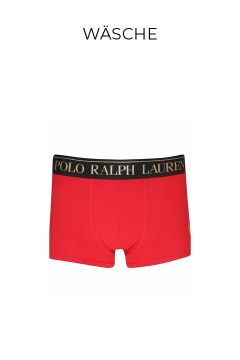 Rote Boxershorts mit schwarzem Bund und dem Text „POLO RALPH LAUREN“ in Gold. Das Kleidungsstück steht zentriert auf weißem Untergrund, darunter der Titel „Wäsche“ am oberen Rand.