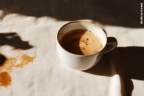 Eine weiße Tasse mit Kaffee steht auf einer hellen Stoffoberfläche und wirft einen Schatten. Auf dem Stoff links von der Tasse befindet sich ein Kaffeefleck. Sonnenlicht beleuchtet die Szene und erzeugt Kontraste.