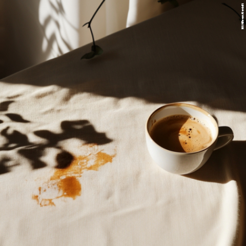 Eine weiße Tasse Kaffee steht auf einer hellen Tischdecke, teilweise im Schatten. Auf der Tischdecke ist Kaffee verschüttet. Sanftes Sonnenlicht und Schatten von Blättern schmücken die Szene und schaffen eine gemütliche und friedliche Atmosphäre.