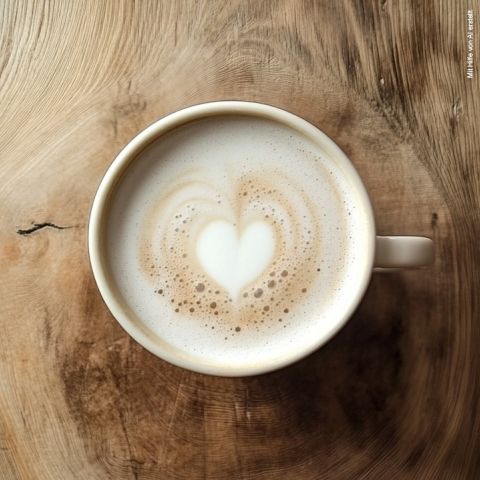 Eine Tasse Kaffee mit herzförmiger Latte Art darauf, platziert auf einem Holztisch mit sichtbarer Maserung. Die cremige Textur und die satte Farbe des Kaffees werden durch das Licht hervorgehoben und schaffen eine warme und einladende Atmosphäre.