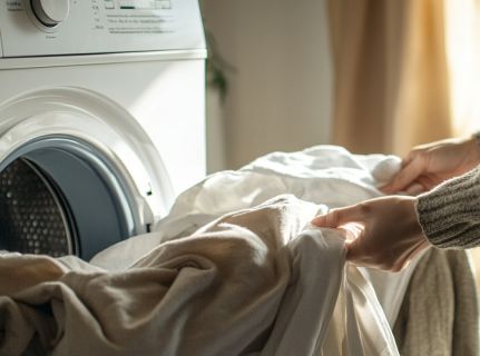 Eine Person lädt oder entlädt Wäsche in eine Frontlader-Waschmaschine, während Sonnenlicht durch das Fenster fällt. Die Kleidung ist in sanften, neutralen Tönen gehalten.