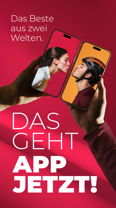 Zwei Smartphones, die jeweils in einer Hand gehalten werden, zeigen die Profile einer Frau und eines Mannes, die einander gegenüberstehen. Die Frau scheint den Mann zu küssen. Der Text lautet „Das Beste aus zwei Welten. DAS GEHT APP JETZT!“ auf einem leuchtend roten Hintergrund.