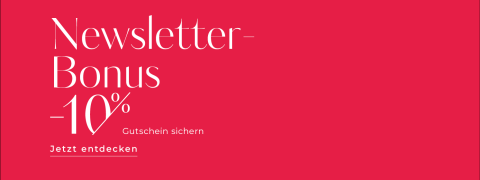 Weißer Text auf rotem Hintergrund lautet: "Newsletter-Bonus -10% Gutschein sichern. Jetzt entdecken." Dies wirbt für einen 10%igen Rabatt für die Anmeldung zu einem Newsletter.