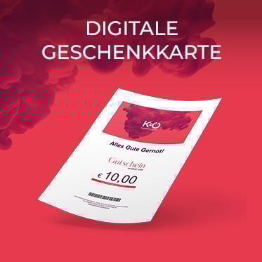 Digitale Geschenkkarte im Wert von 10 Euro auf rotem Hintergrund mit dem Text "DIGITALE GESCHENKKARTE" über der Karte.