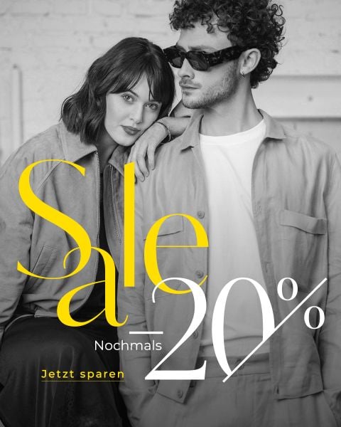 Eine stilvolle Frau lehnt sich an einen Mann mit Sonnenbrille, während in fetter gelber und weißer Schrift die Aufschriften „Sale nochmals 20 %“ und „Jetzt sparen“ zu lesen sind.