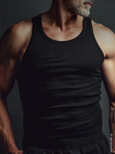 Ein muskulöser Mann mit grauem Bart trägt ein schwarzes Tank-Top und steht vor einem dunklen Hintergrund. Sein Gesicht ist teilweise außerhalb des Bildausschnitts.