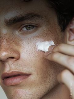 Nahaufnahme einer Person mit Sommersprossen, die mit ihren Fingern einen Klecks weiße Creme auf ihre Wange aufträgt.