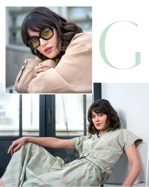 Frau mit gewelltem braunem Haar, die in der Nahaufnahme eine Sonnenbrille und eine beigefarbene Jacke trägt; auf dem zweiten Bild sitzt sie in einem gestreiften grünen Kleid.