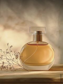 Ein runder Glasflakon mit goldener Flüssigkeit, der auf einer hölzernen Oberfläche neben zarten Trockenblumen vor einem weichen, verschwommenen Hintergrund steht.