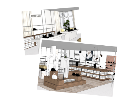 Zwei digitale Renderings eines modernen Einzelhandelsgeschäfts, in dem Regale, Schaufensterpuppen und Schuhprodukte übersichtlich angeordnet sind.