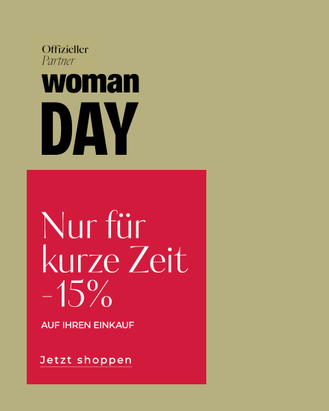 Anzeige für den „Frauentag“ mit einem roten Kasten, der für begrenzte Zeit 15 % Rabatt anbietet. Der deutsche Text wirbt für den Einkaufsrabatt.