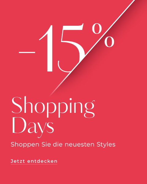 Rote Grafik mit der Aufschrift „-15 % Shopping-Tage“ in weißer Schrift, darunter ein deutscher Text, der dazu einlädt, die neuesten Styles zu entdecken, sowie eine Schaltfläche „Jetzt entdecken“.