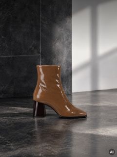 Ein brauner Stiefeletten aus Lackleder mit Blockabsatz.