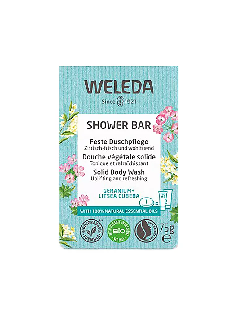 WELEDA | Feste Duschpflege Geranium+Litsea Cubeba 75g | hellblau