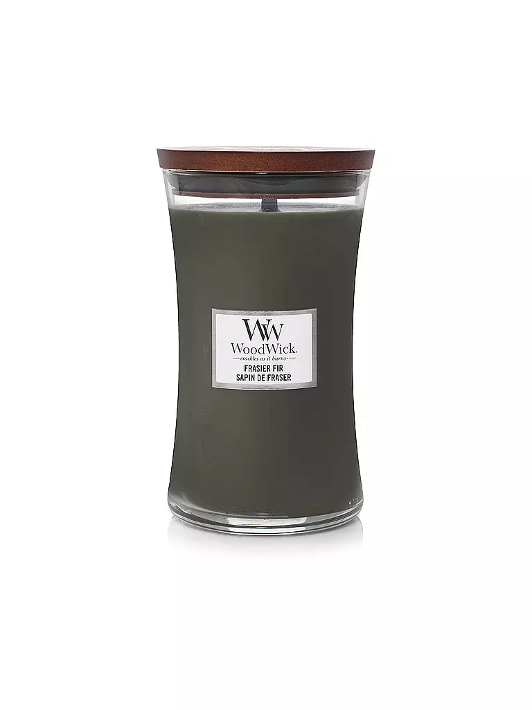 WOODWICK | Duftkerze mit Knisterdocht SANDUHR Large 610g Frasier Fir | dunkelgrün